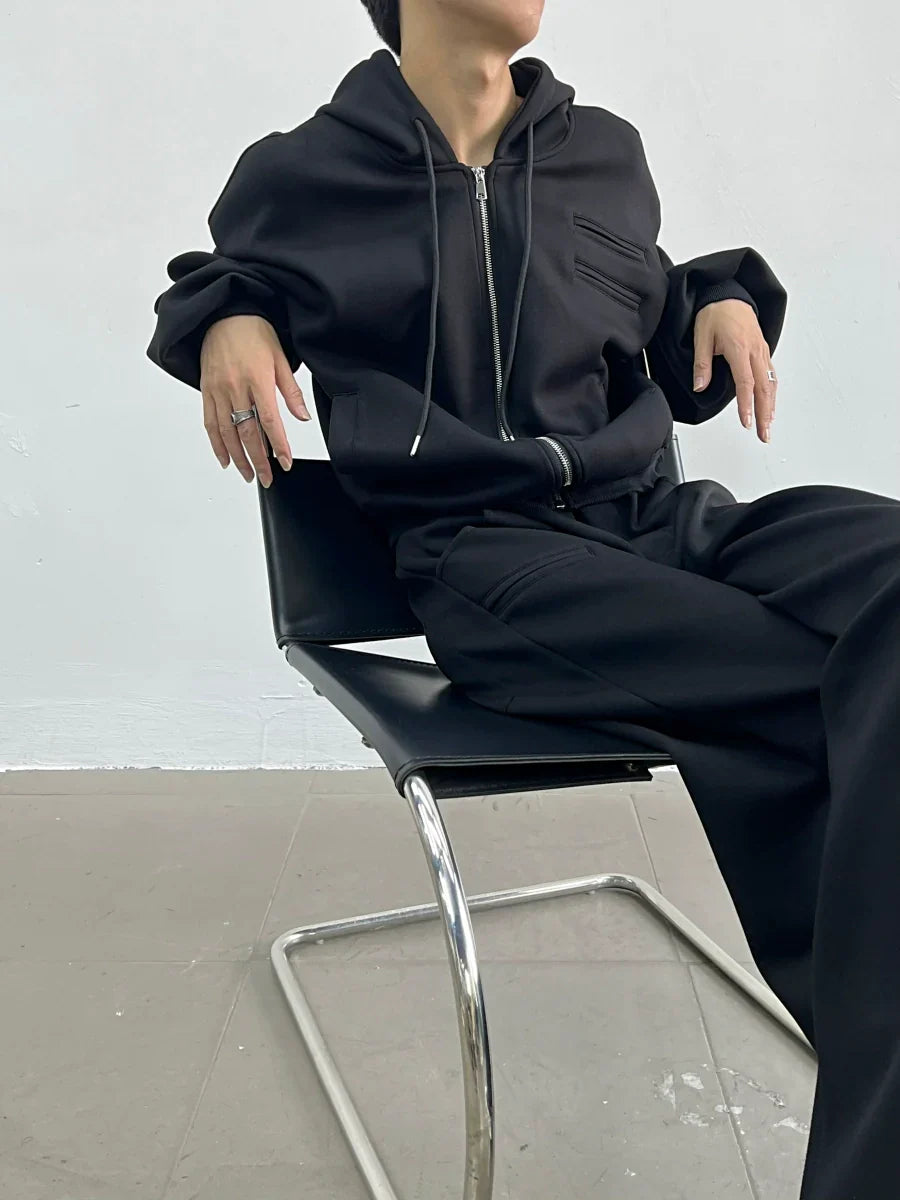 Shoulder Pad Short Zipper Hoodie & Wide Leg Sweatpants Setup