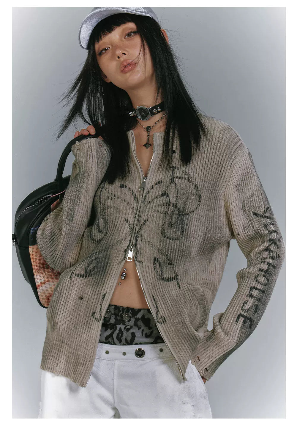 Washed Damage Graffiti Design Oversize Knit Cardigan