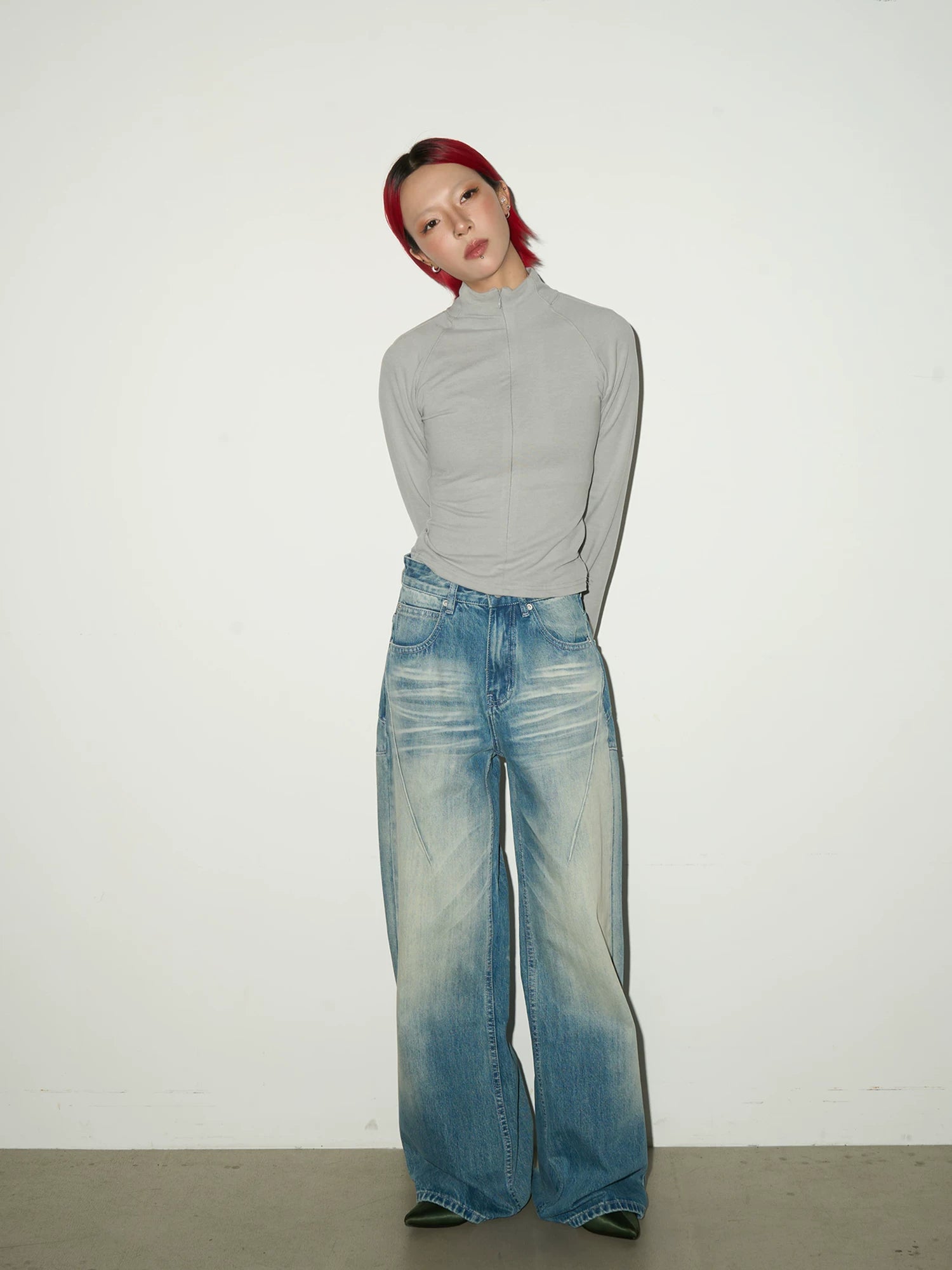 Washed Fade Seam Detail Wide Leg Denim Jeans