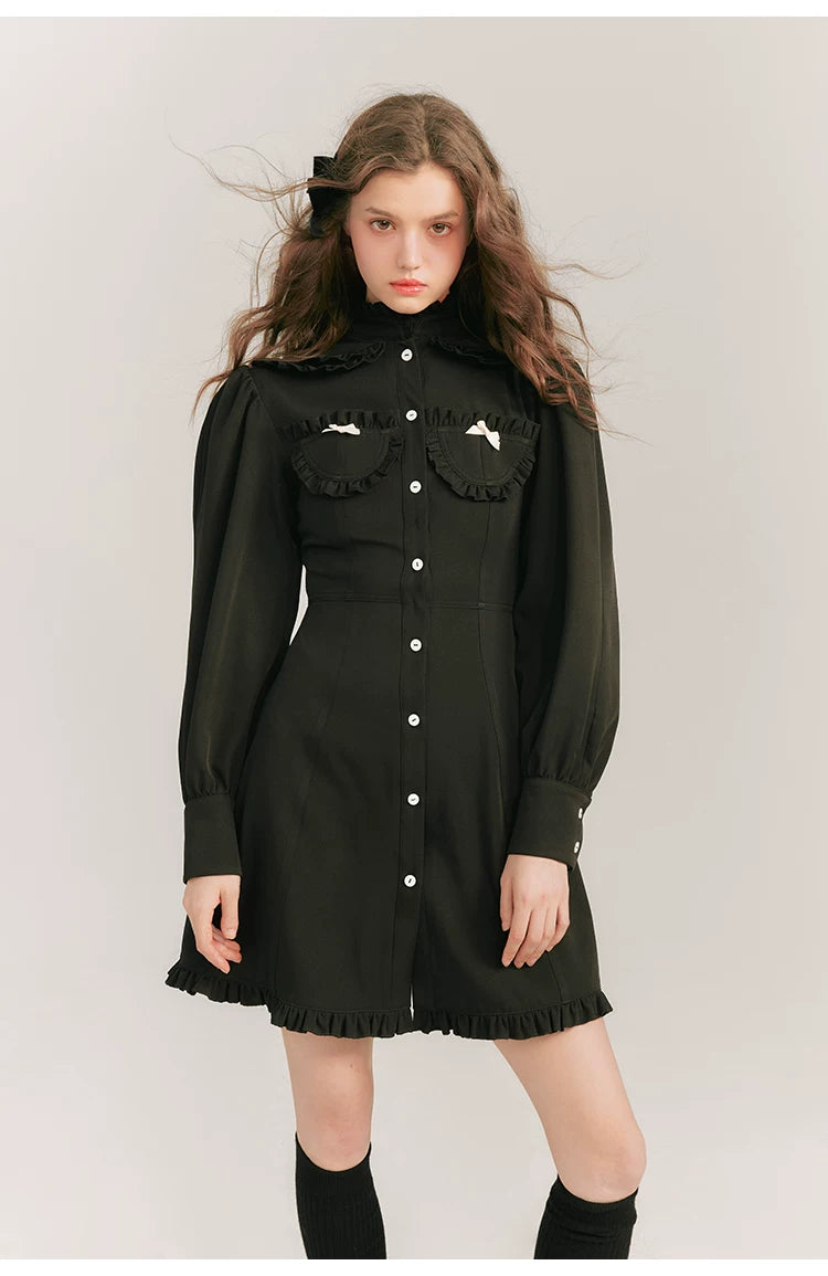 Double Neck Long Sleeve Shirt Dress