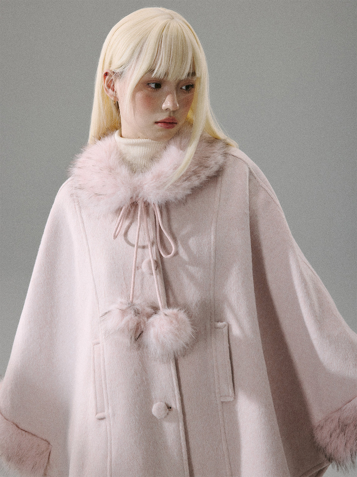 Sweet Girl Pink Long Hair Tweed Cape Coat