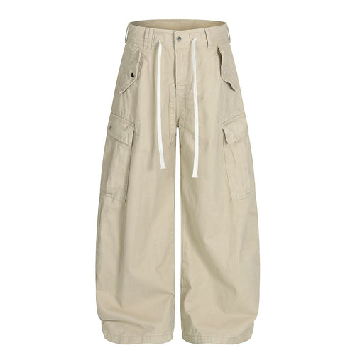 Drawstring Cargo Wide Leg Pants - Beige / S