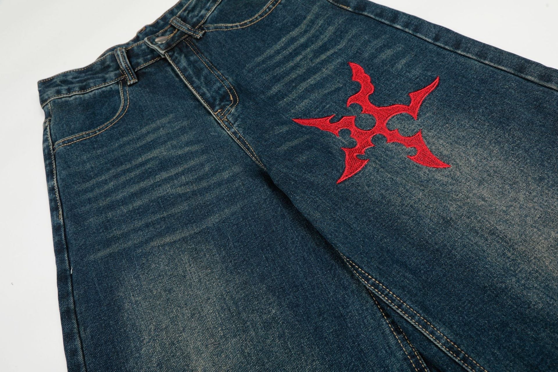 Washed Tribal Print Wide Leg Denim Jeans