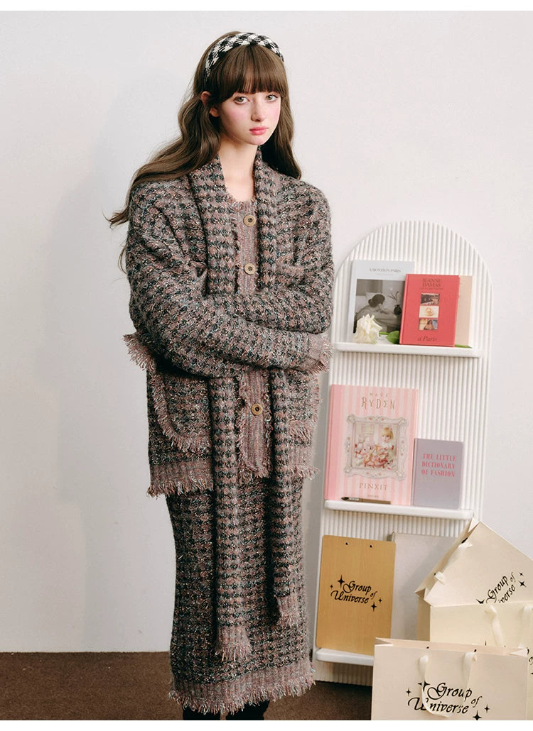 Plaid Button Cardigan & Scarf & Long Skirt Setup