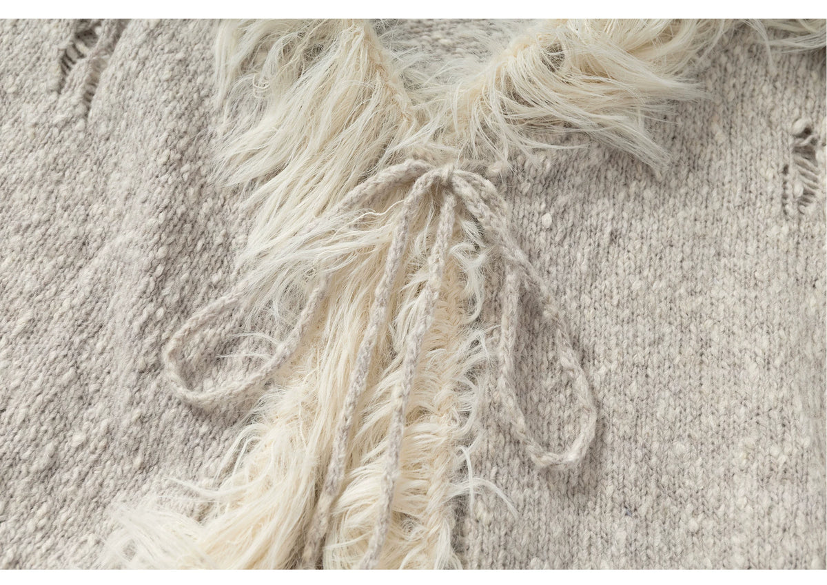 Fake Fur Trim Drawstring Oversize Knit Cardigan