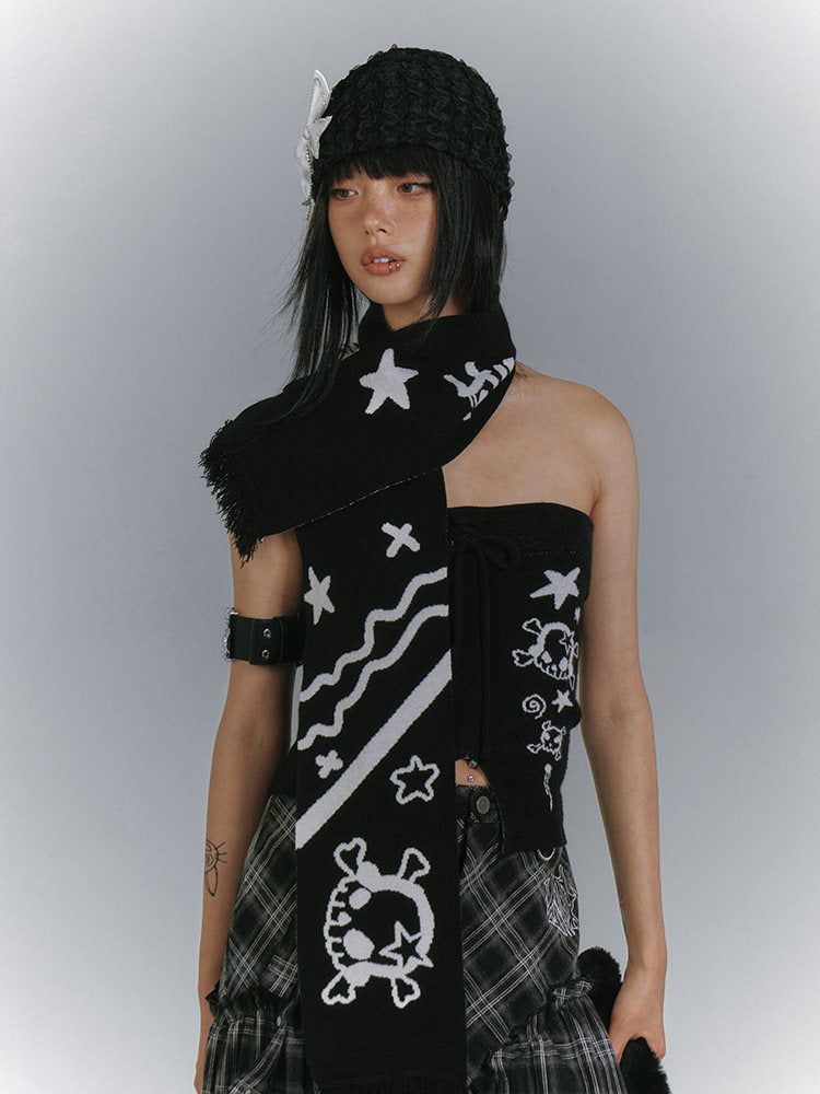 Graphic Print Off-Shoulder Top & Letter Print Scarf