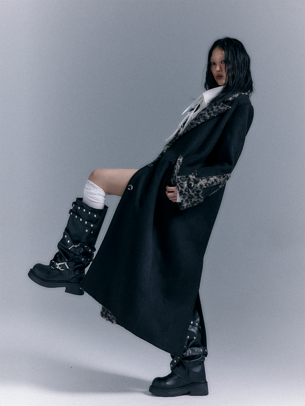 Shoulder Pad Leopard Print Patchwork Wool Coat