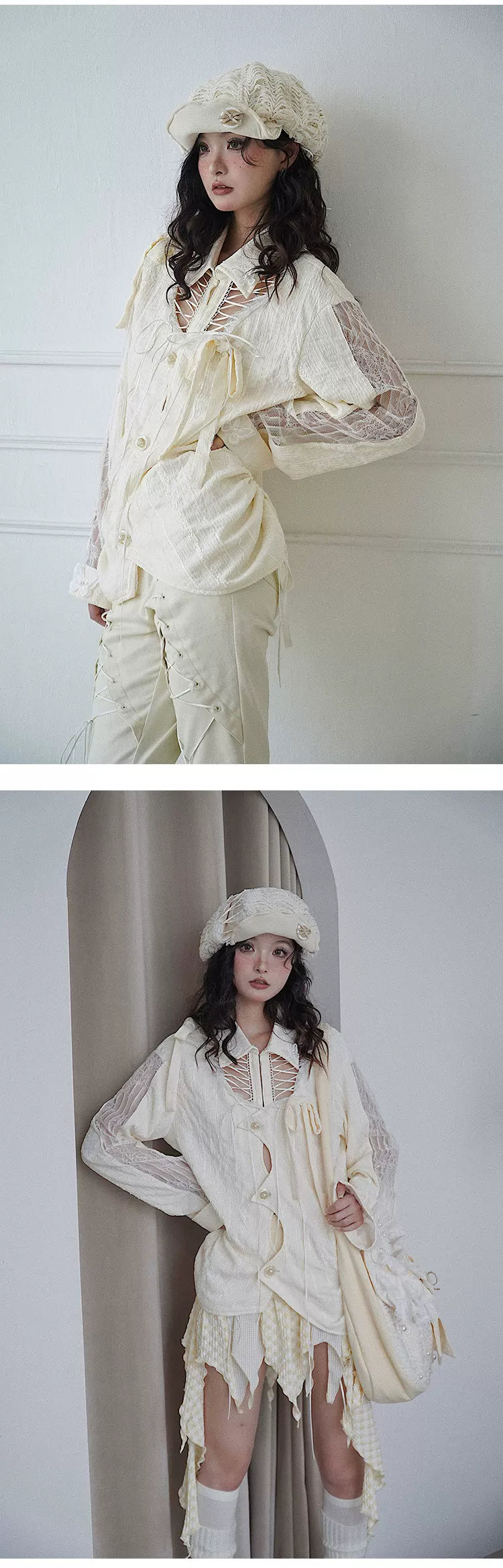 Textured Hollow-Out Tie-Strap Long Sleeve Shirt