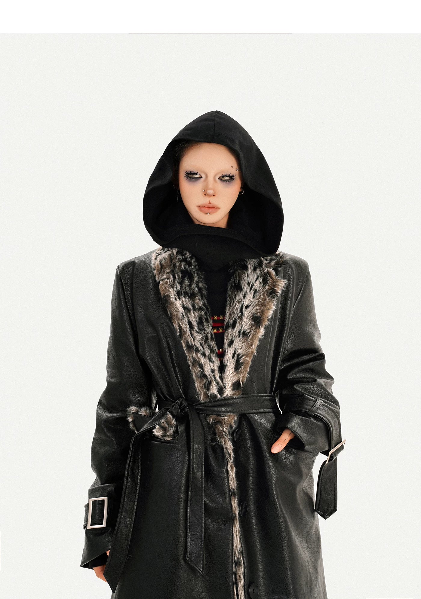 Leopard Print Fake Fur Collar Oversize Coat
