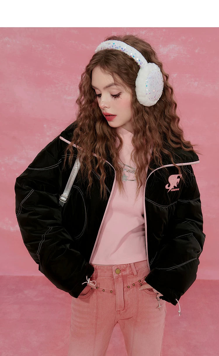Letter Print High-Neck Short White Duck Down Jacket