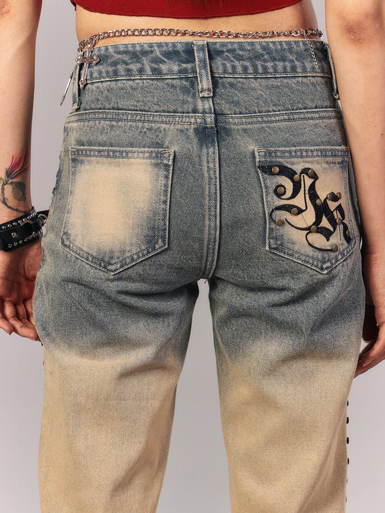 Washed Gradient Studs Detail Flare Denim Jeans