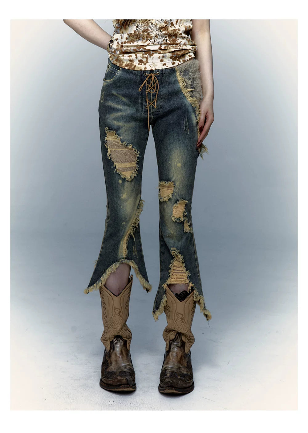 Damage Asymmetric Flare Denim Jeans