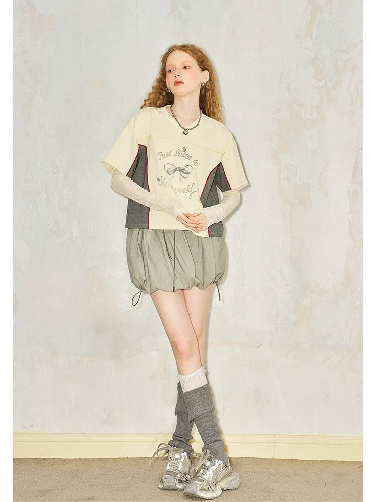 Bow Print V-Neck Short Sleeved T-Shirt