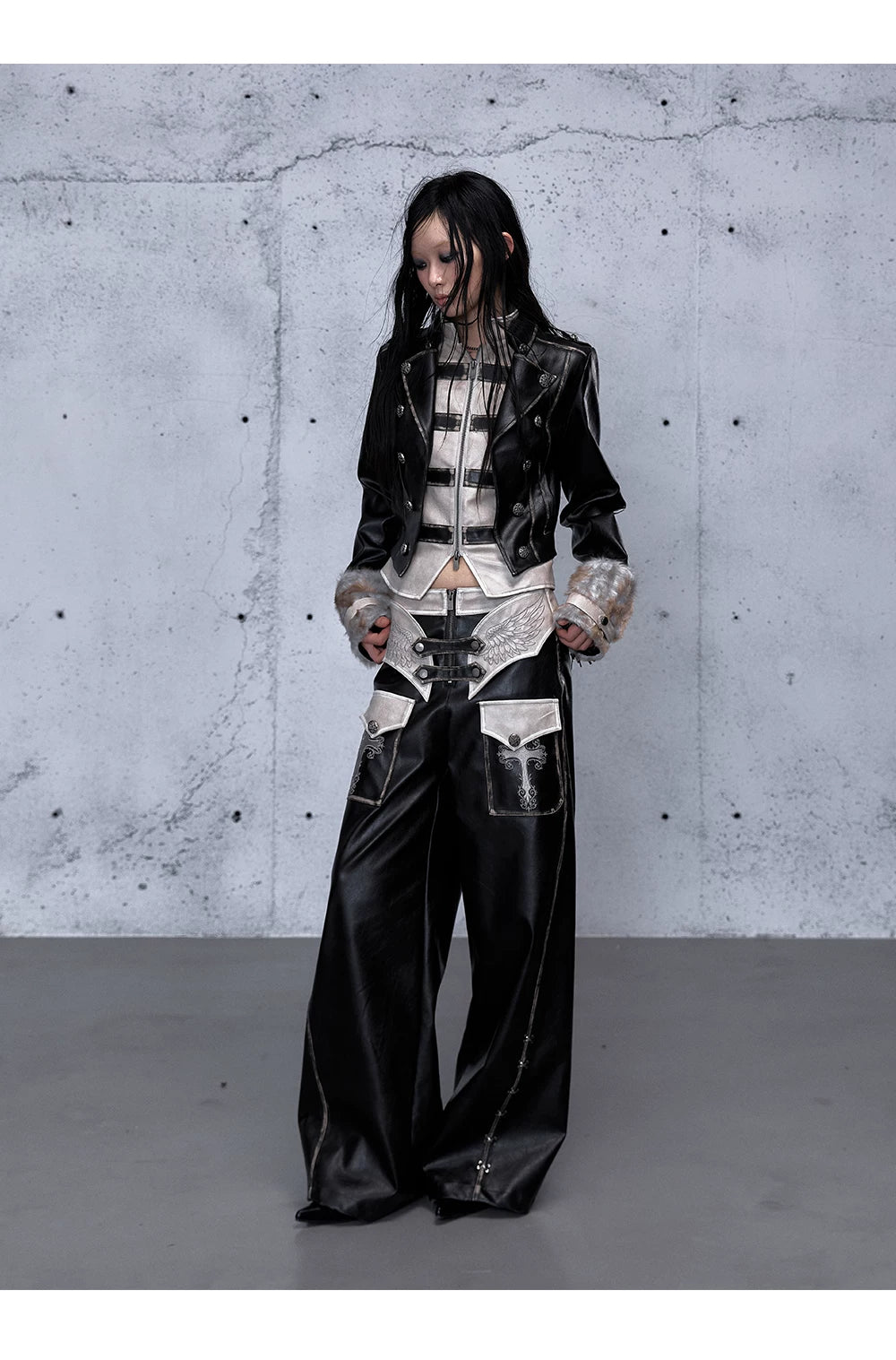 Lace Panel Buckle Detail Wide Leg PU Leather Pants