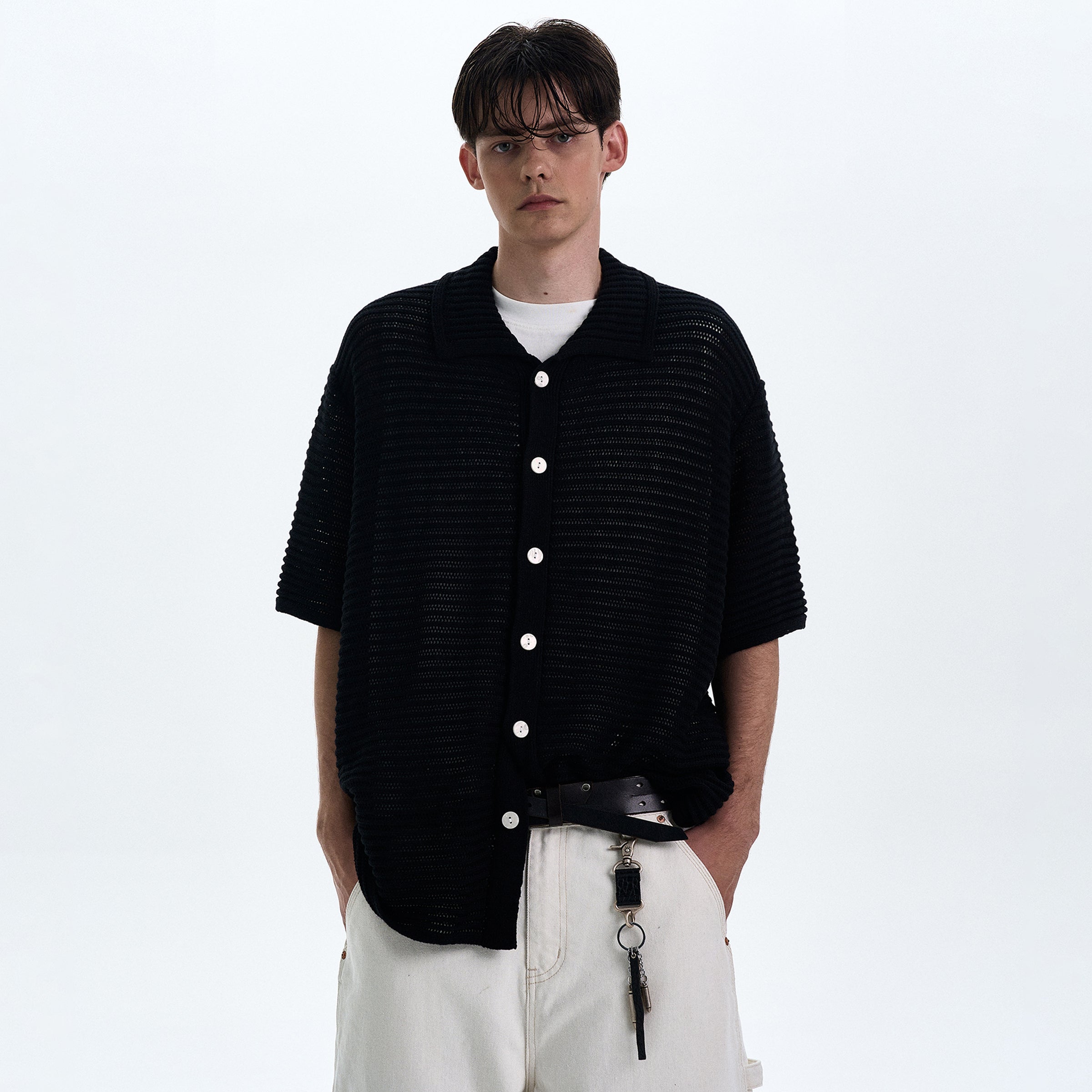 Hollow-Out Knit Short-Sleeved Shirt
