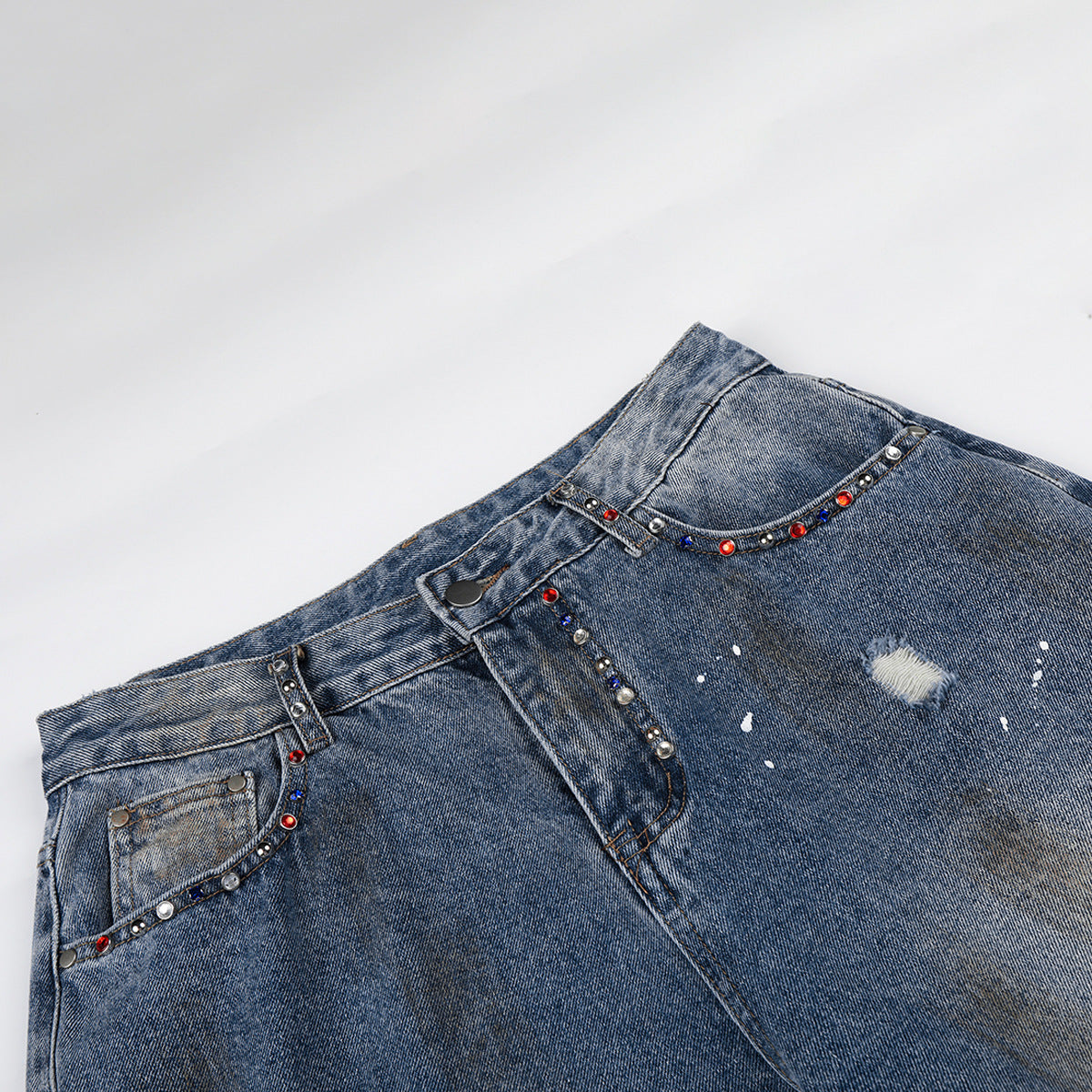 Washed Paint Damage Wide Leg Denim Jeans
