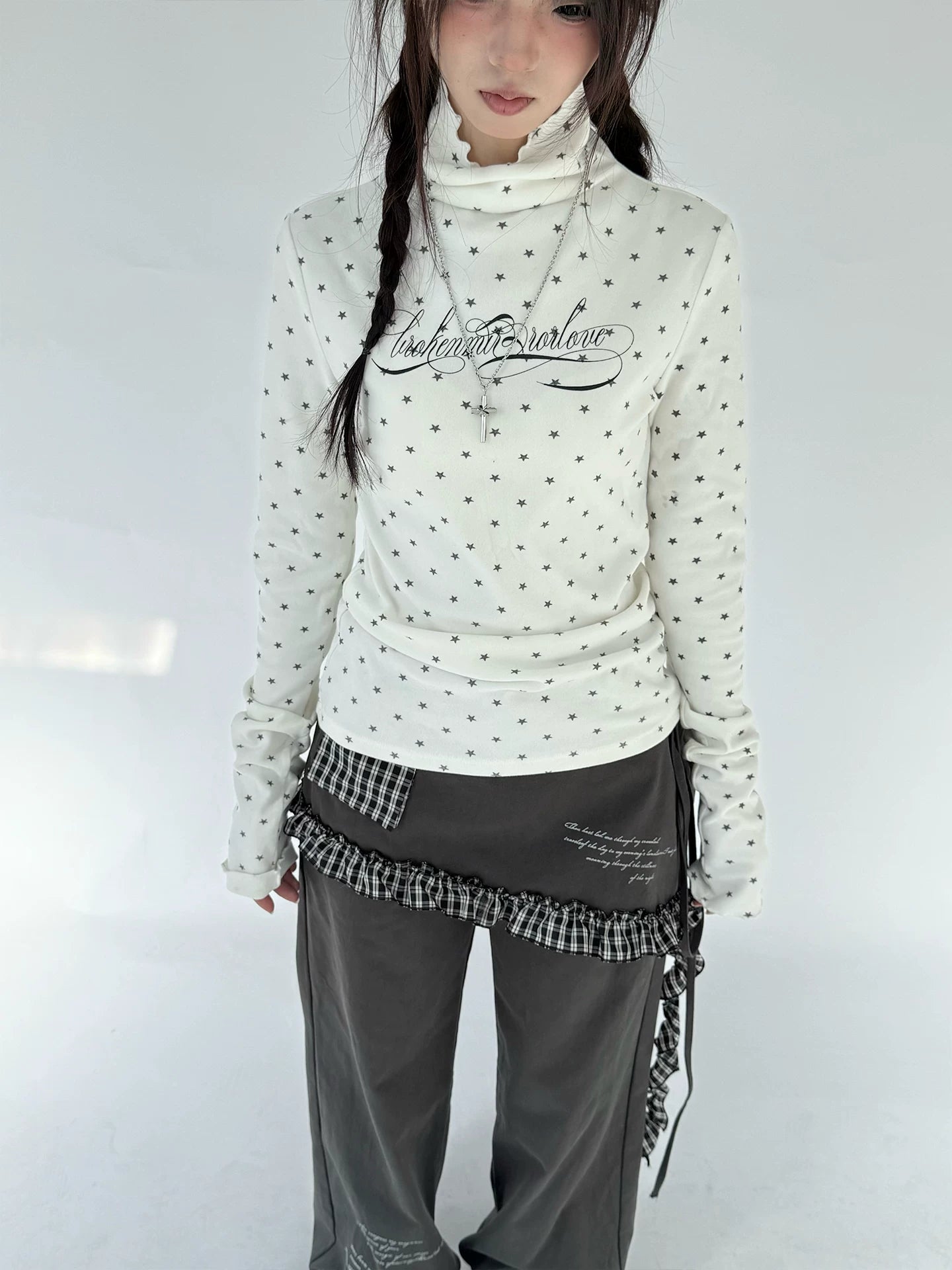 Polka Dot Print High-Neck Long Sleeve T-Shirt