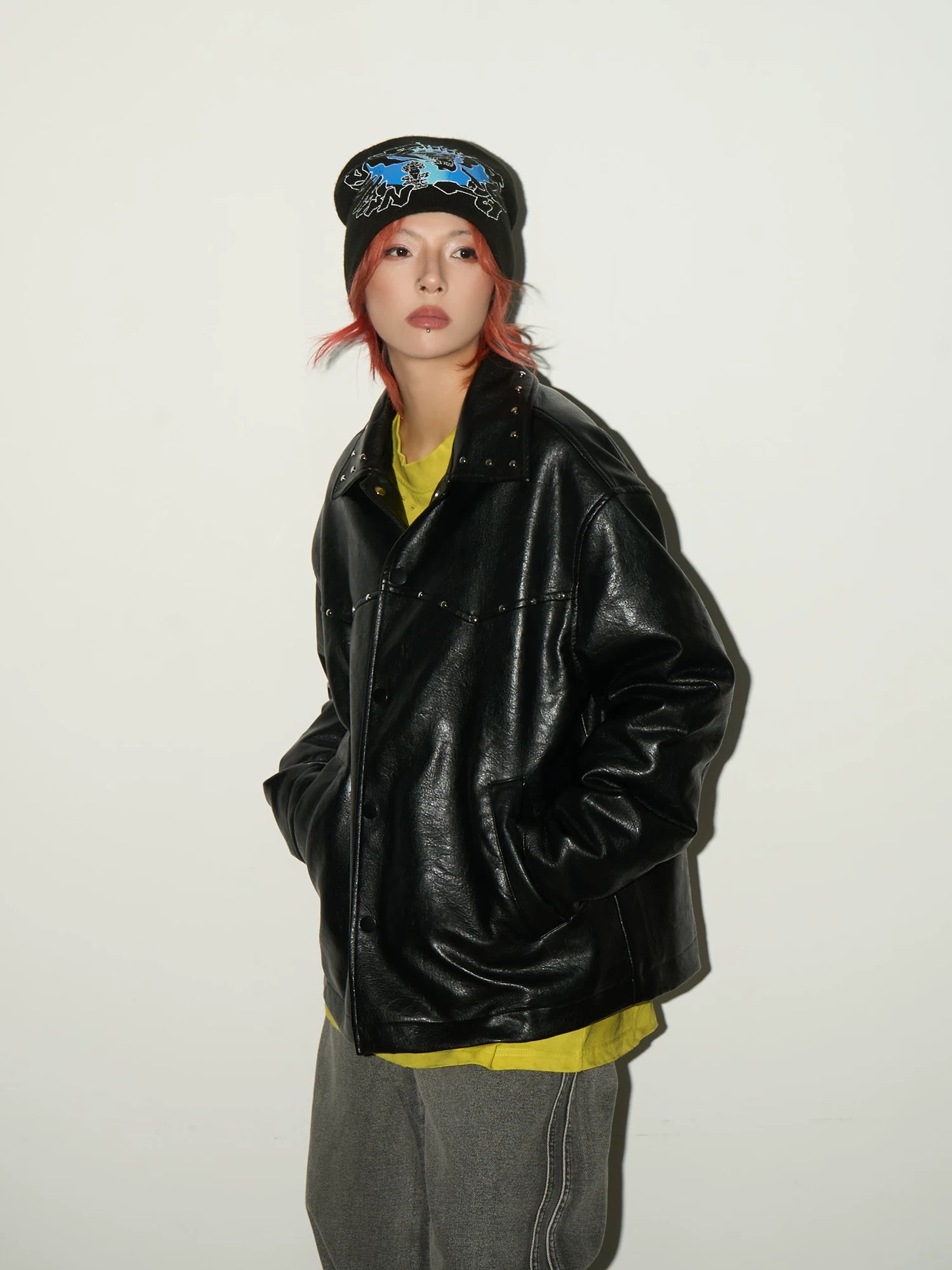 Studs Panel PU Leather Jacket
