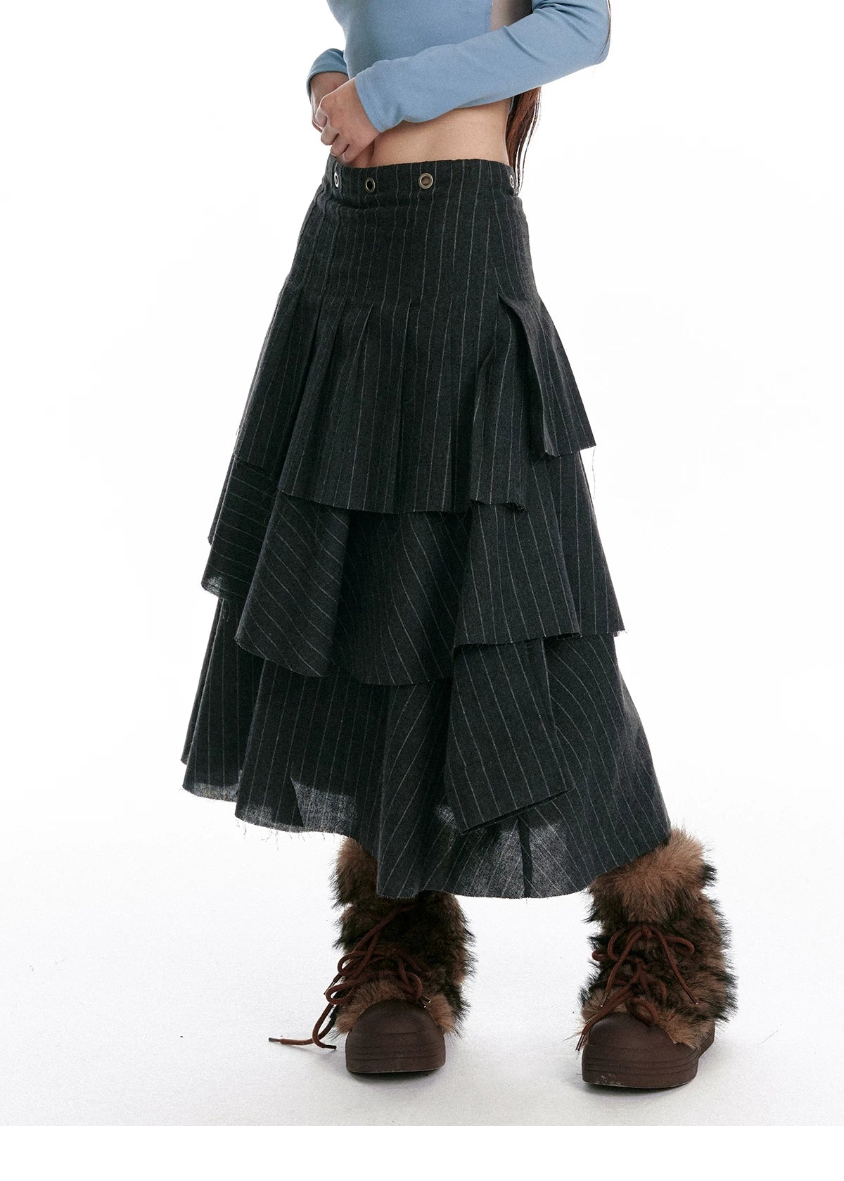 Textured Asymmetrical Striped Midi Ruffle Skirt