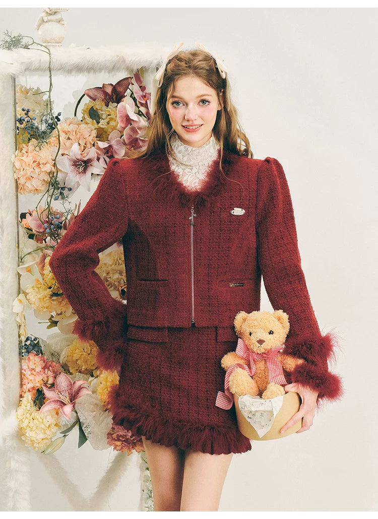 Fur Jacquard Zipper Jacket & Short Skirt Setup