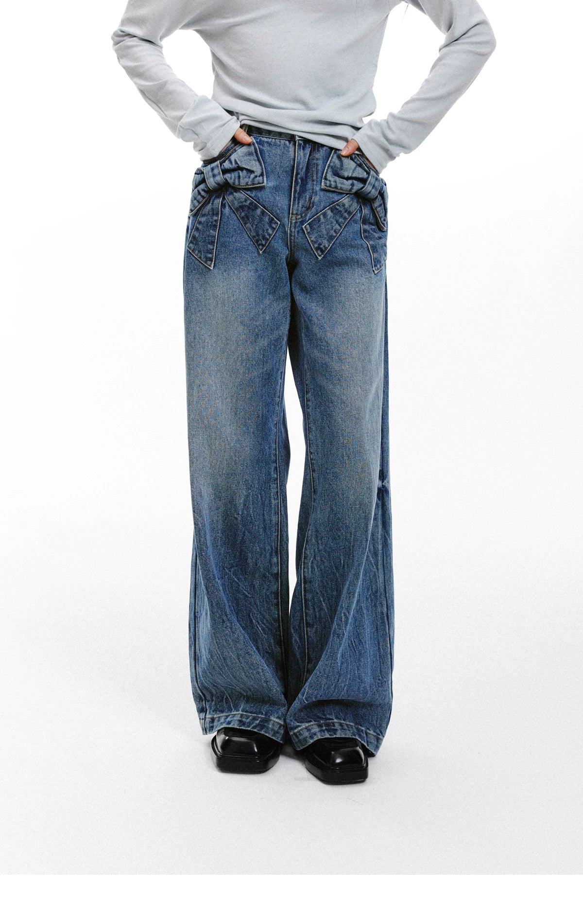 Bow Detail Wide-Leg Denim Jeans