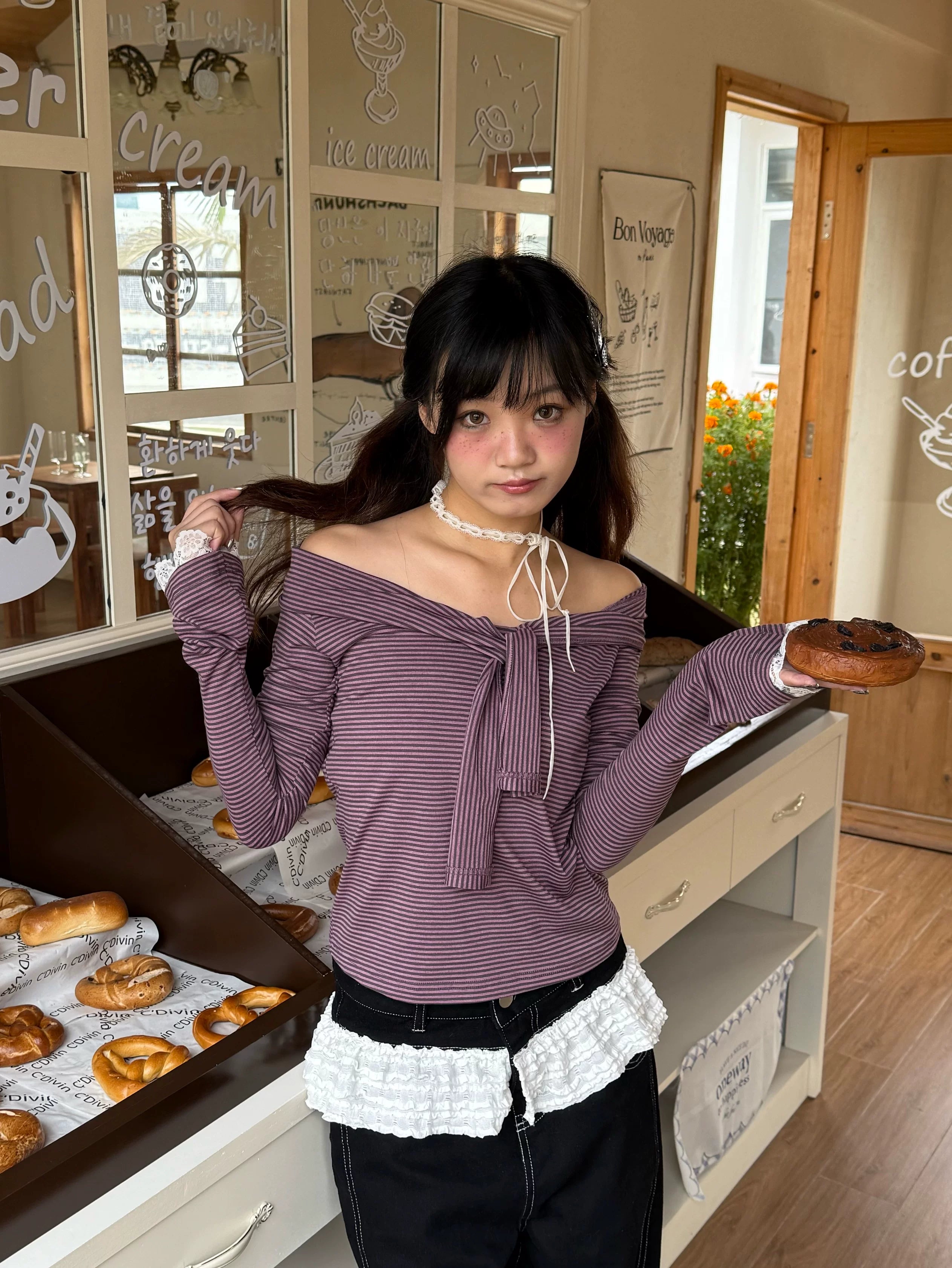 Striped Lace Trim Tie Detail Long Sleeve T-Shirt