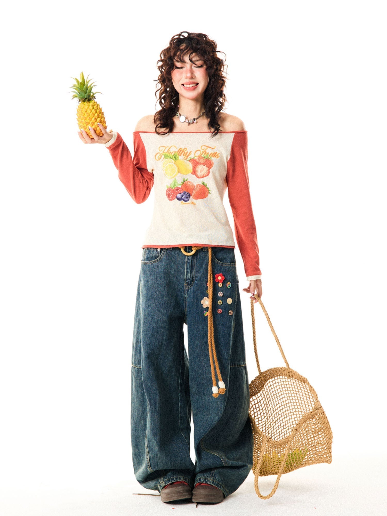 Fruit Graphic Print Off-Shoulder Fitted Long Sleeve T-Shirt