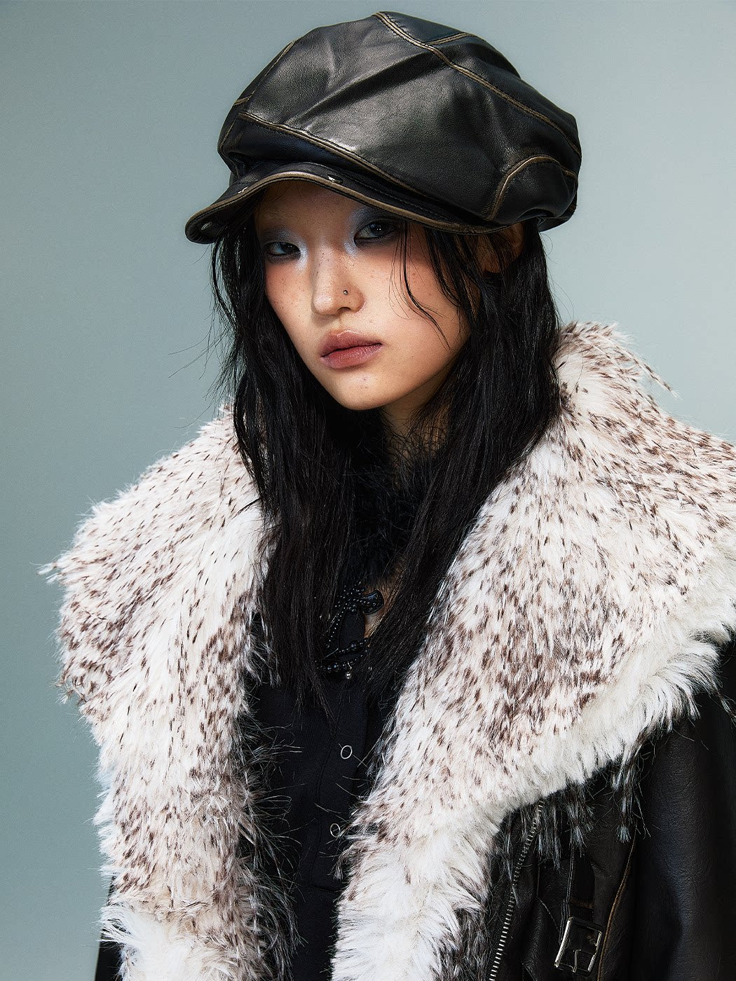 Studded Asymmetrical Washed PU Leather Beret