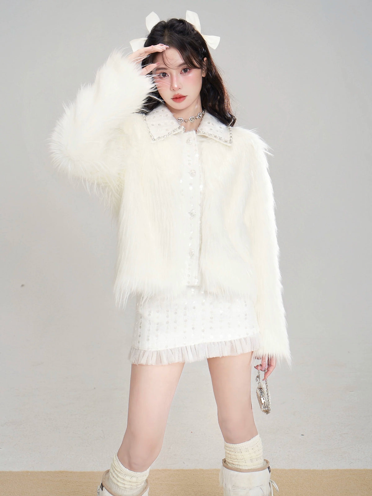 Eco Fur Warm Jacket & Short Skirt & Long Skirt Setup