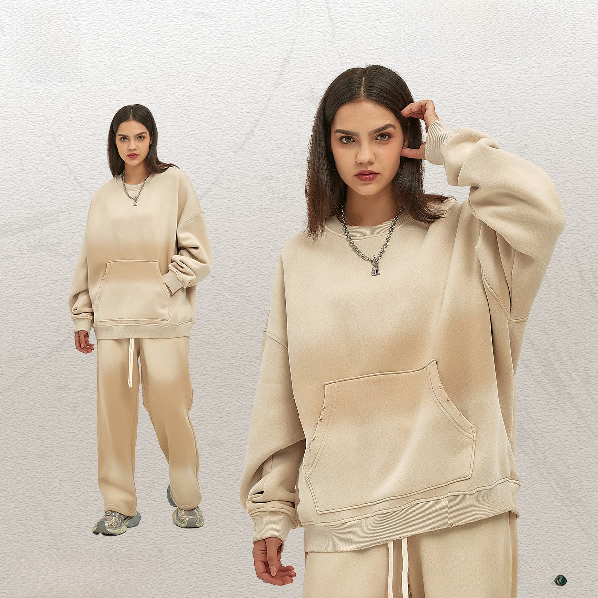 Fleece Lining Spray-dye Damage Oversize Sweatshirt