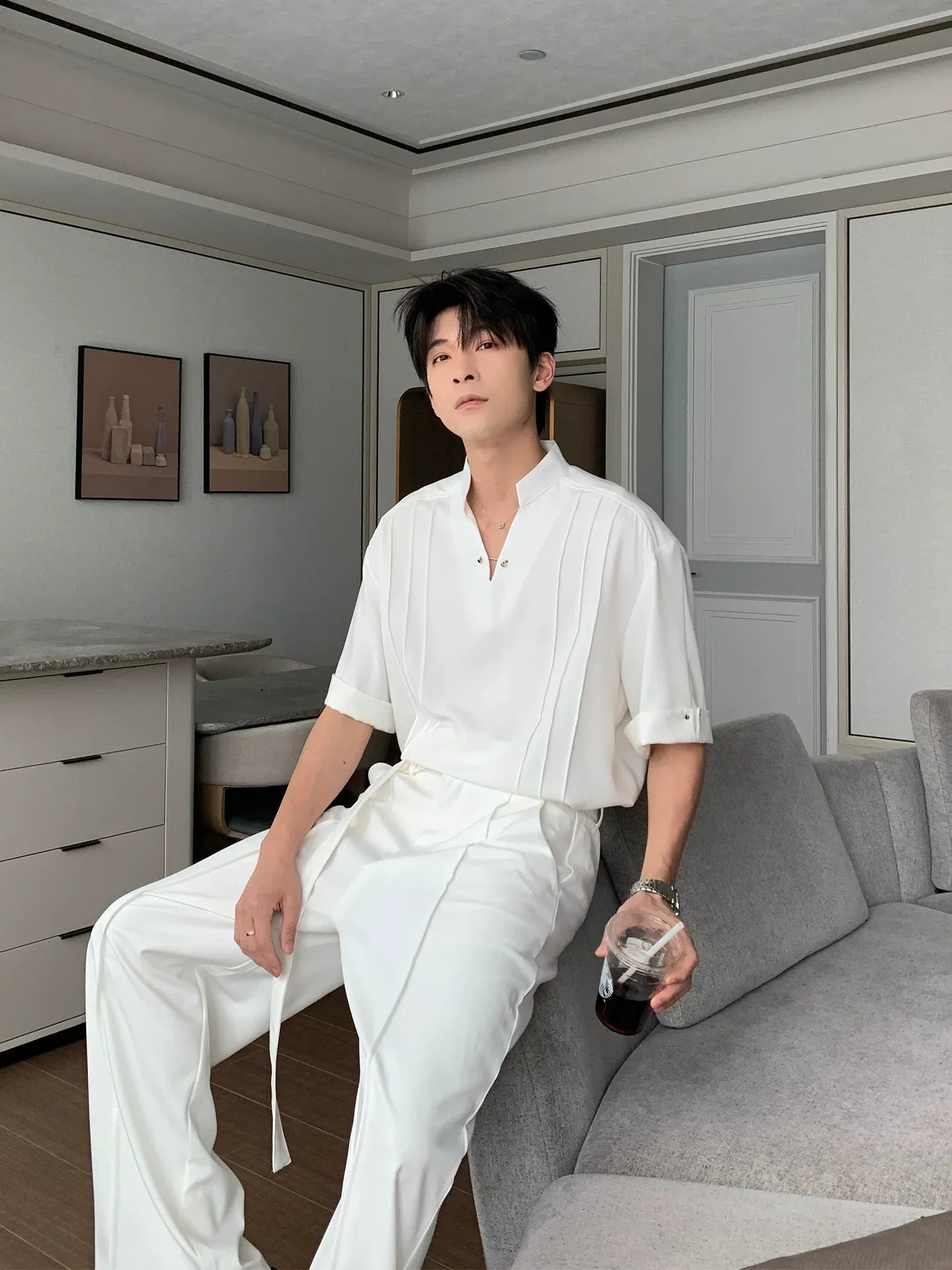 Standing Collar V-Neck Oversize Short Sleeve Polo Shirt