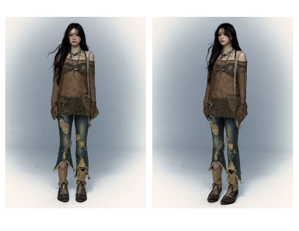 Damage Asymmetric Flare Denim Jeans