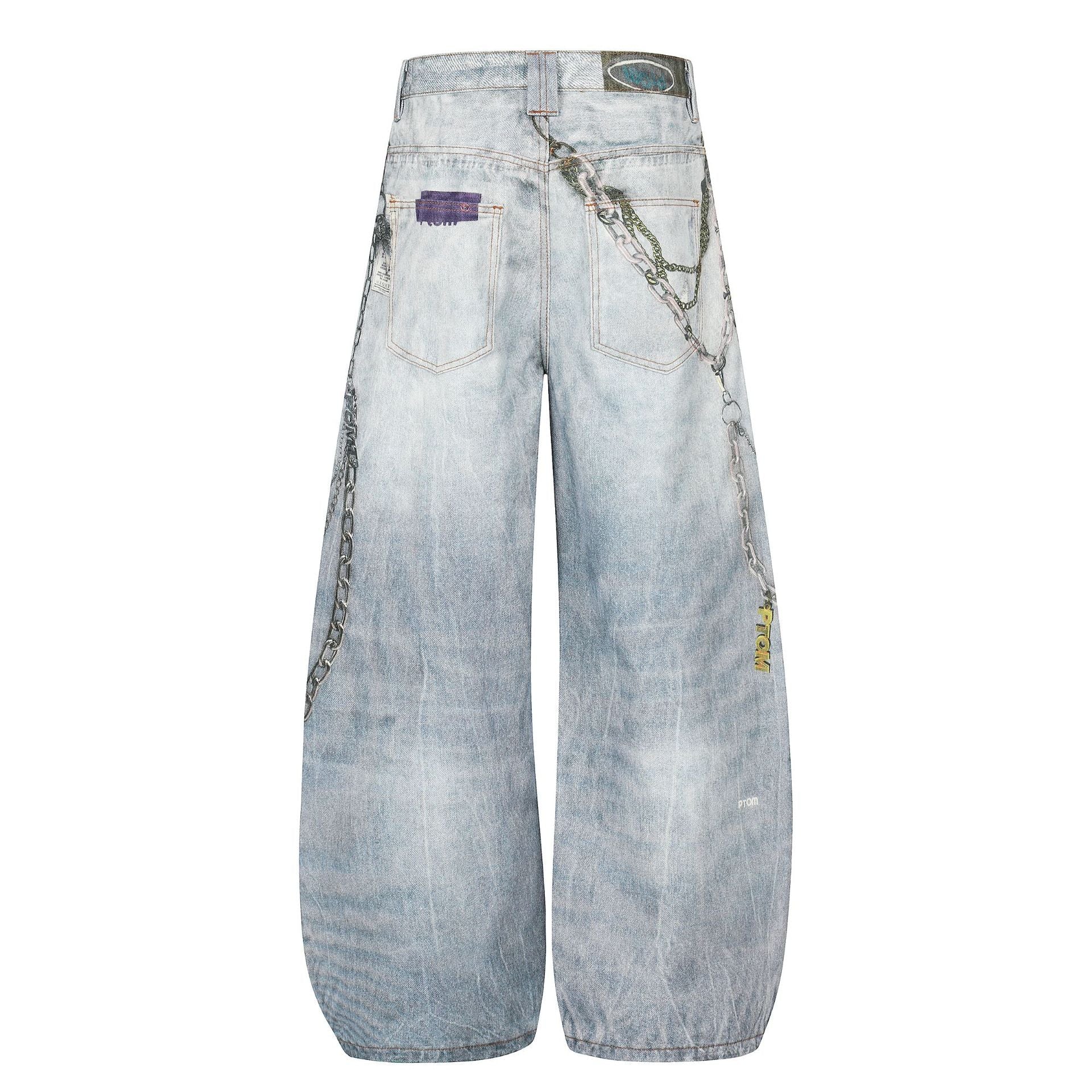 Washed 3D Print Curved Wide Leg Denim Jeans