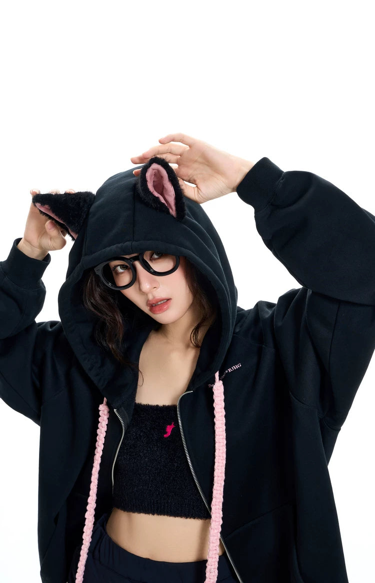 Ear Fleece Oversize Zipper Hoodie