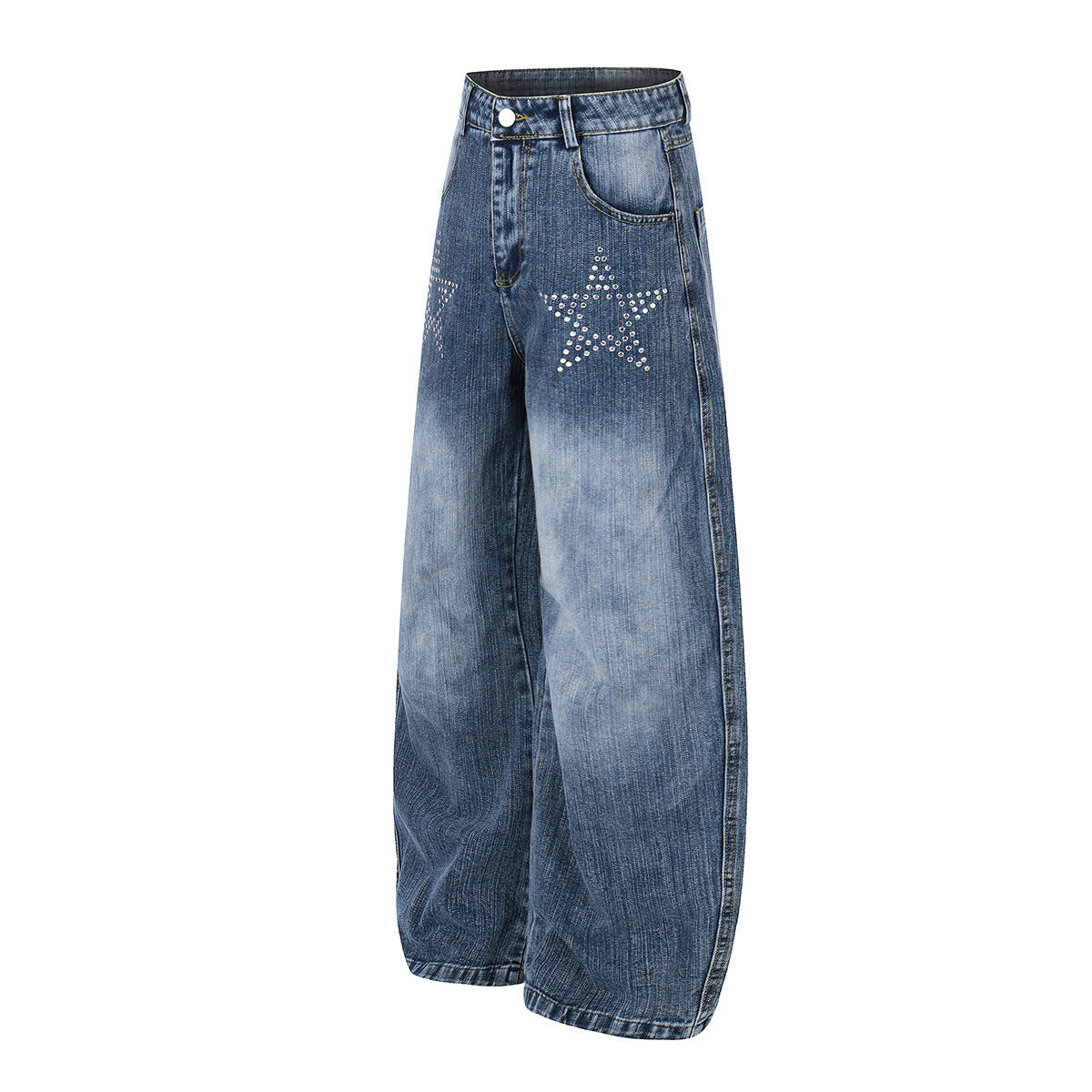 Washed Star Rhinestone Wide Leg Denim Jeans