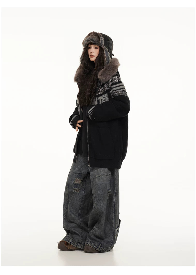 Fair Isle Hooded Detachable Fur Collar Knit Cardigan