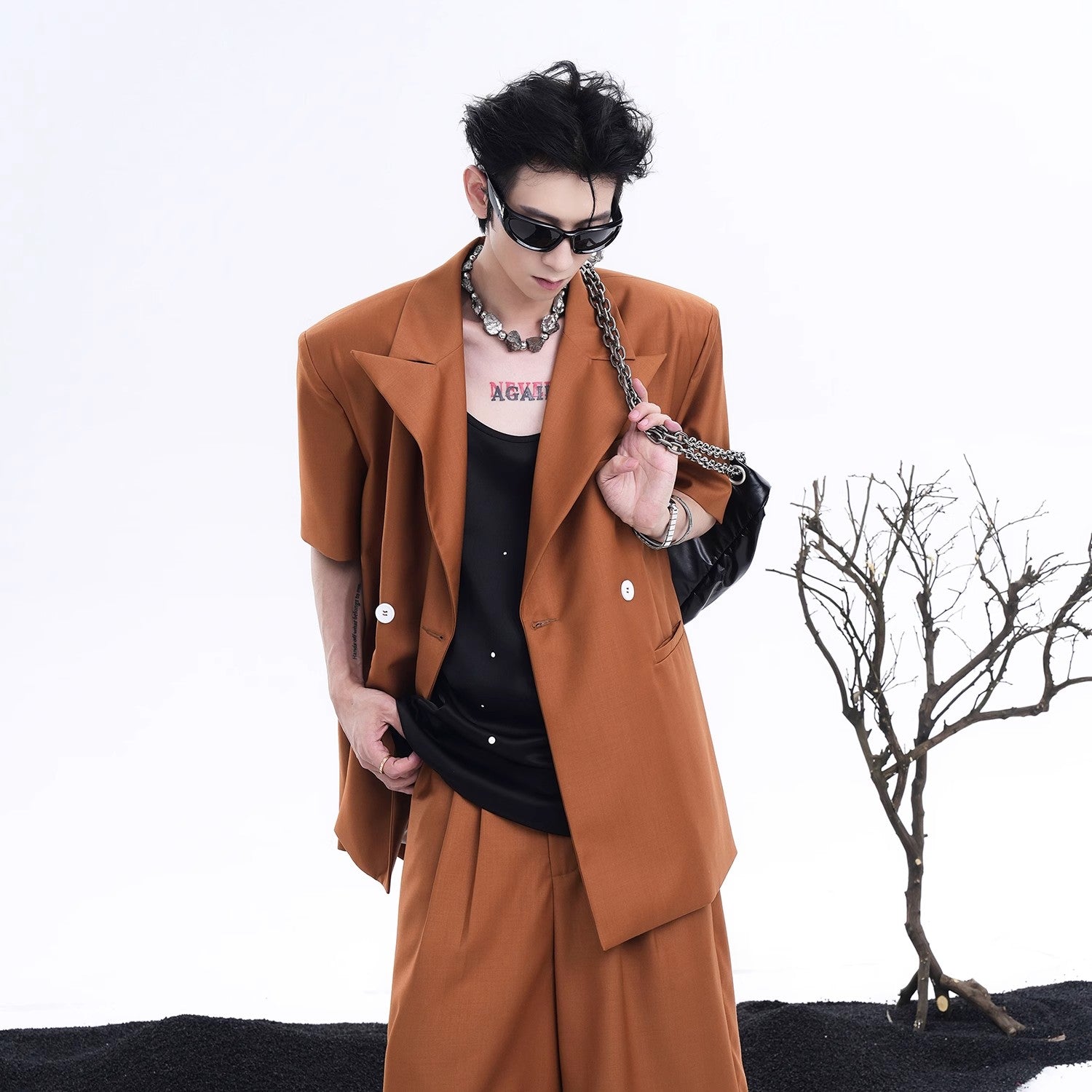 Short Sleeve Tailored Jacket & Wide-Leg Straight Shorts Setup