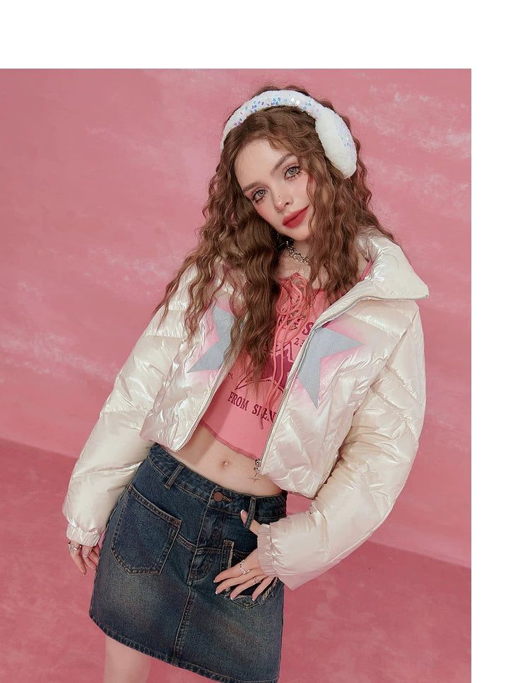 Star-Stitch Stand Neck Short White Duck Down Jacket