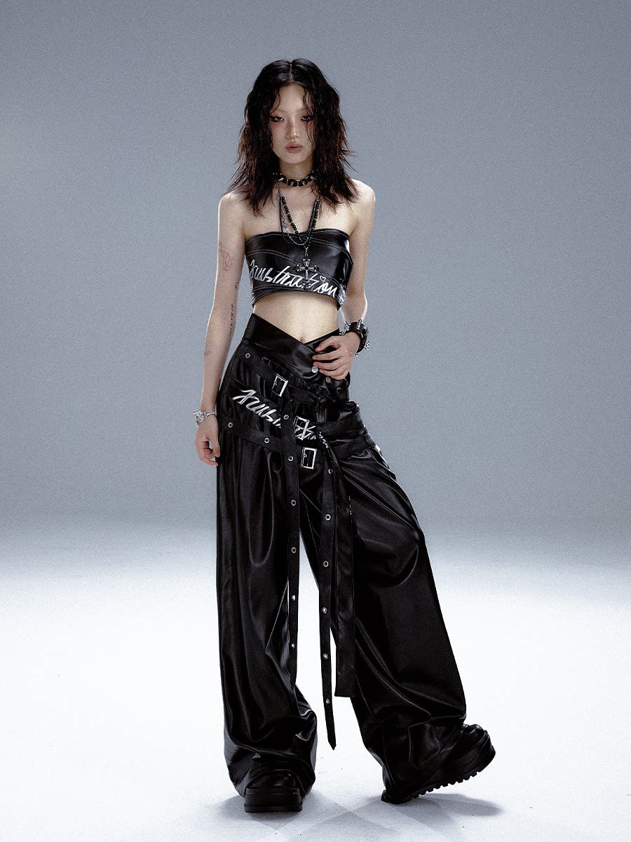 High-Waist V-Cut Graffiti Print Belted Black PU Leather Pants