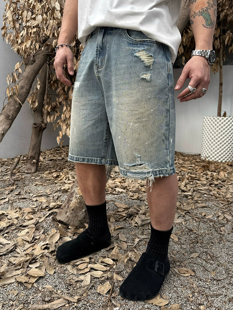 Damage Paint Fade Washed Denim Short