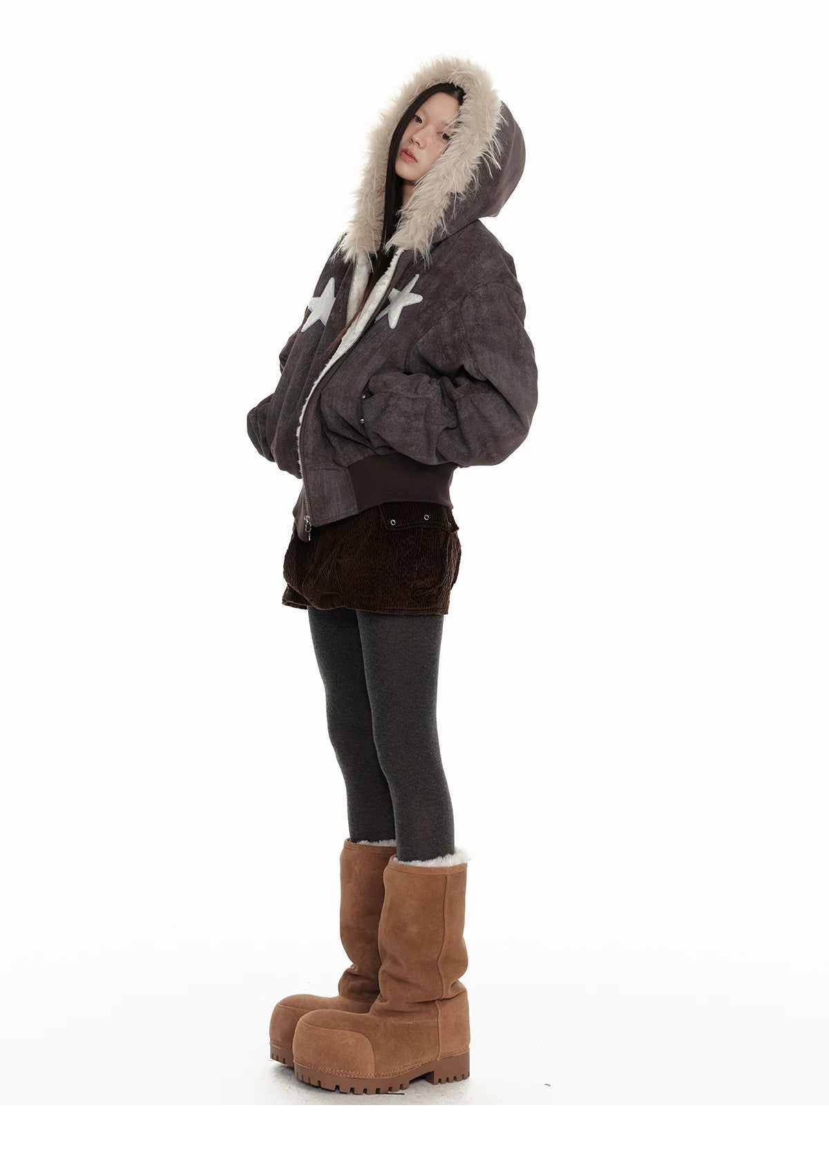 Fur Trim Patchwork Hooded Puffer Jacket
