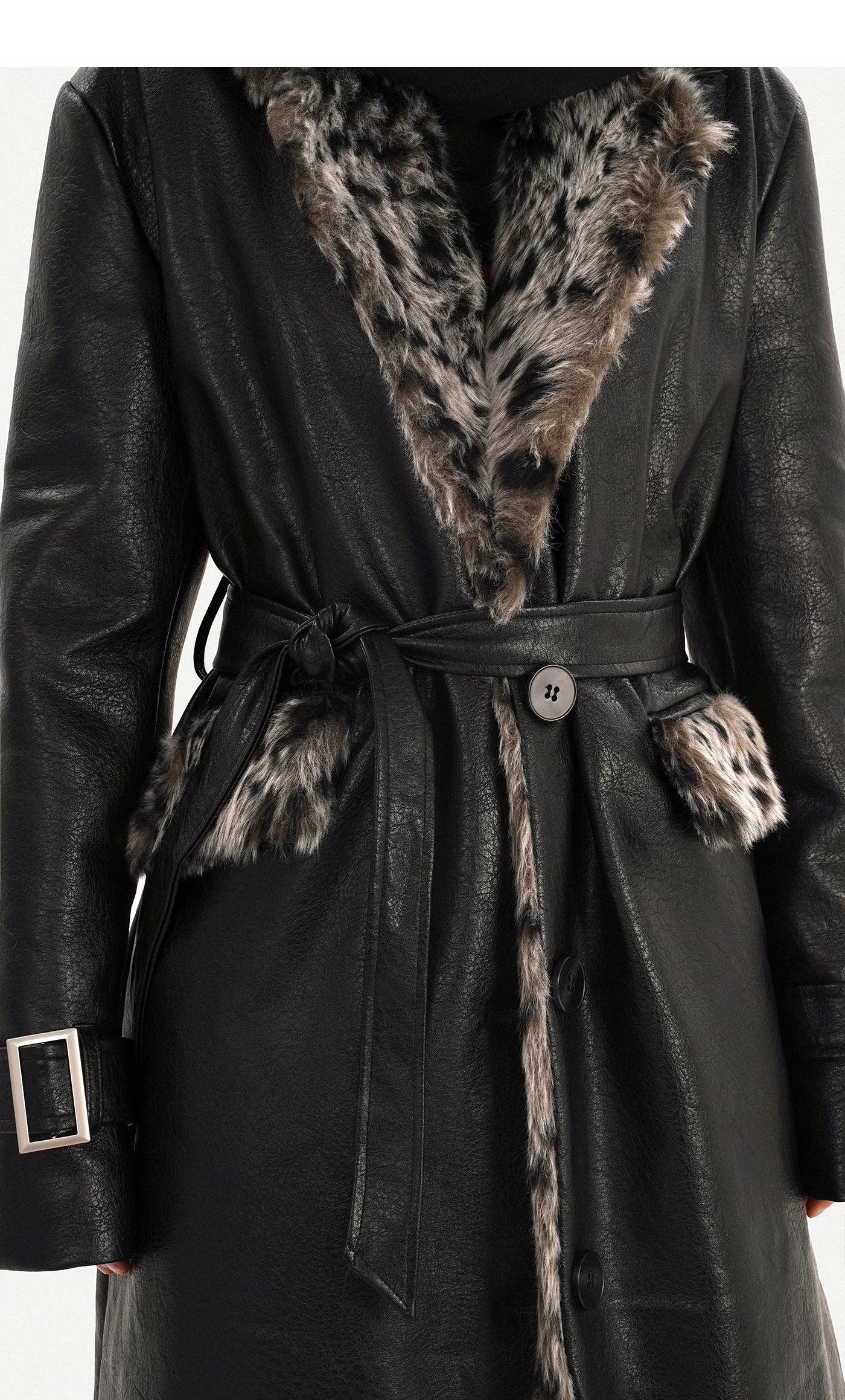 Leopard Print Fake Fur Collar Oversize Coat