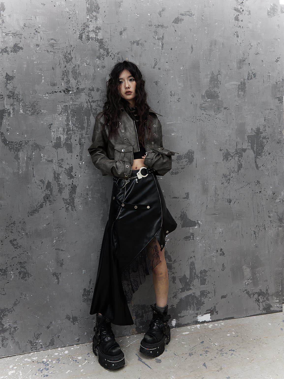 Asymmetric PU Leather Mesh Patchwork Skirt