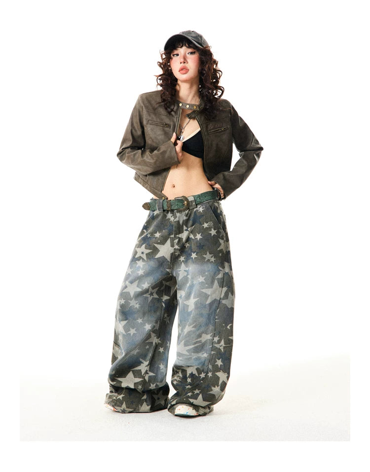 Star Print Damage Wide Leg Denim Jeans