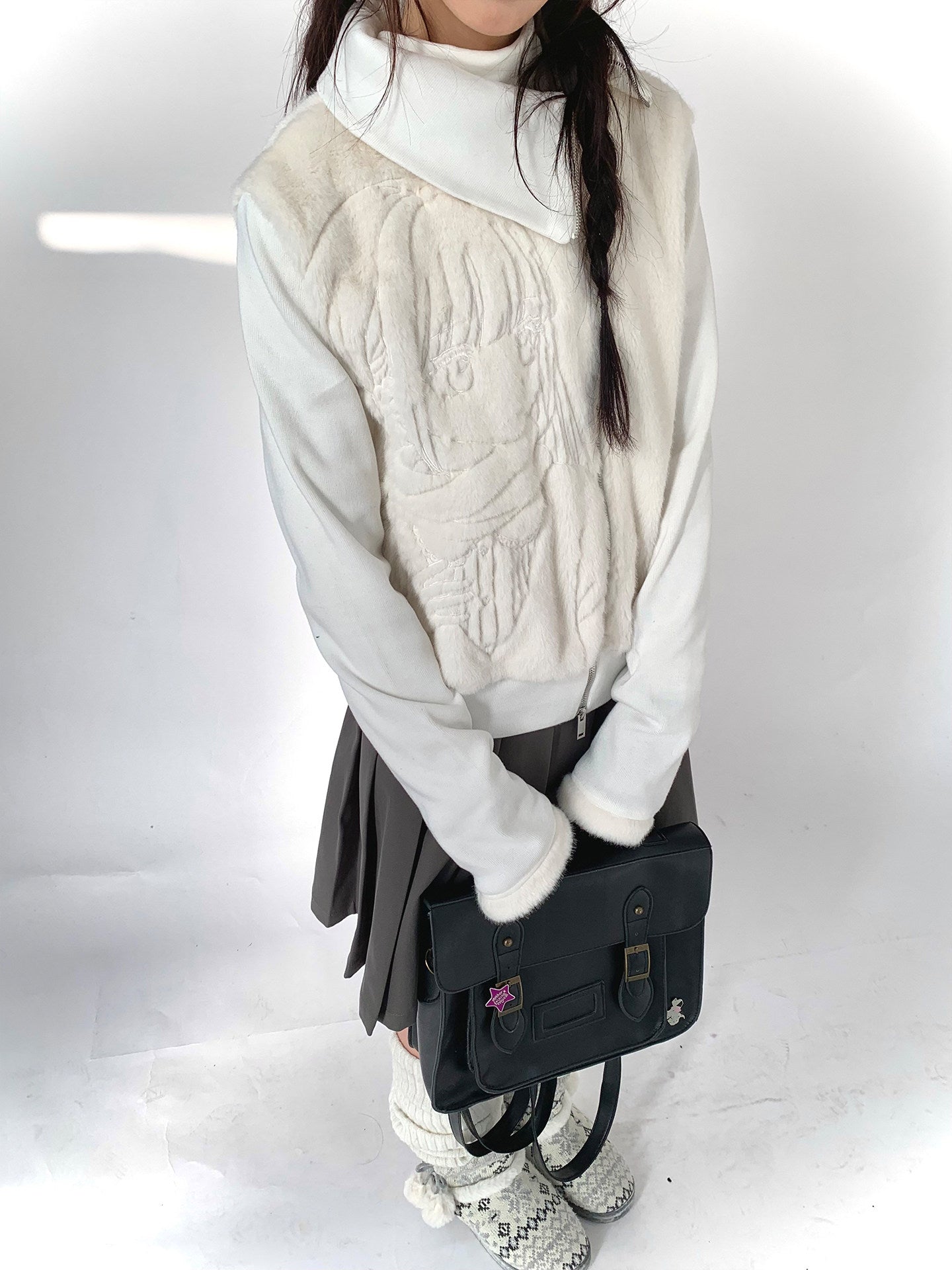 Fleece Embroidery Asymmetrical Zipper Jacket