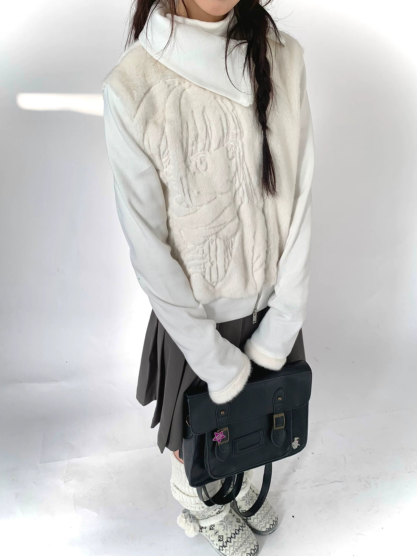 Fleece Embroidery Asymmetrical Zipper Jacket