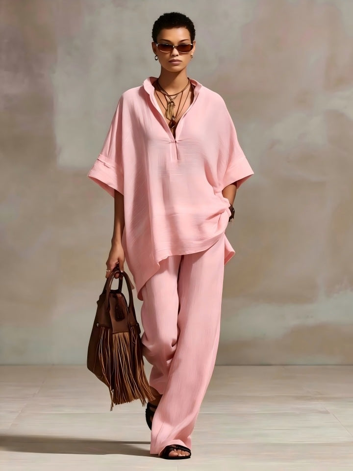 2 Piece Summer Set Loose V Neck Batwing Top & Wide Leg Pants
