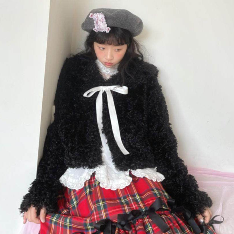 Fake Fur Bow Tie Plush Jacket