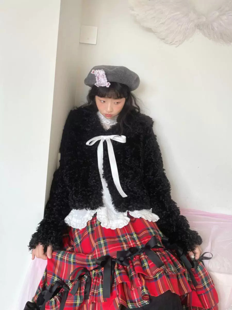 Fake Fur Bow Tie Plush Jacket