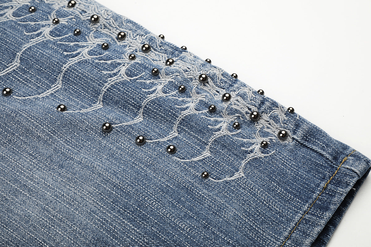 Embroidery Bead Wide Leg Short Denim Pants